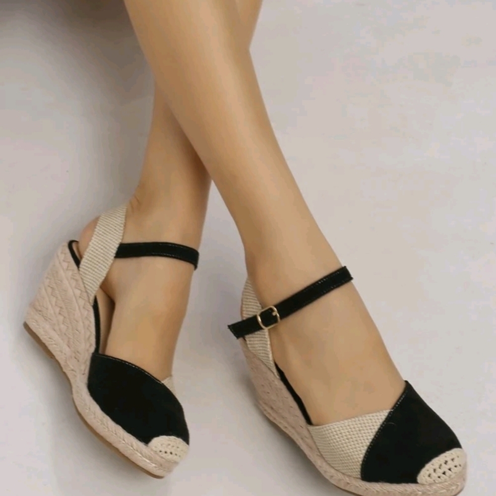 Cap Toe Ankle Strap Espadrille Linen Wedge Court Shoes - Picture 4 of 7